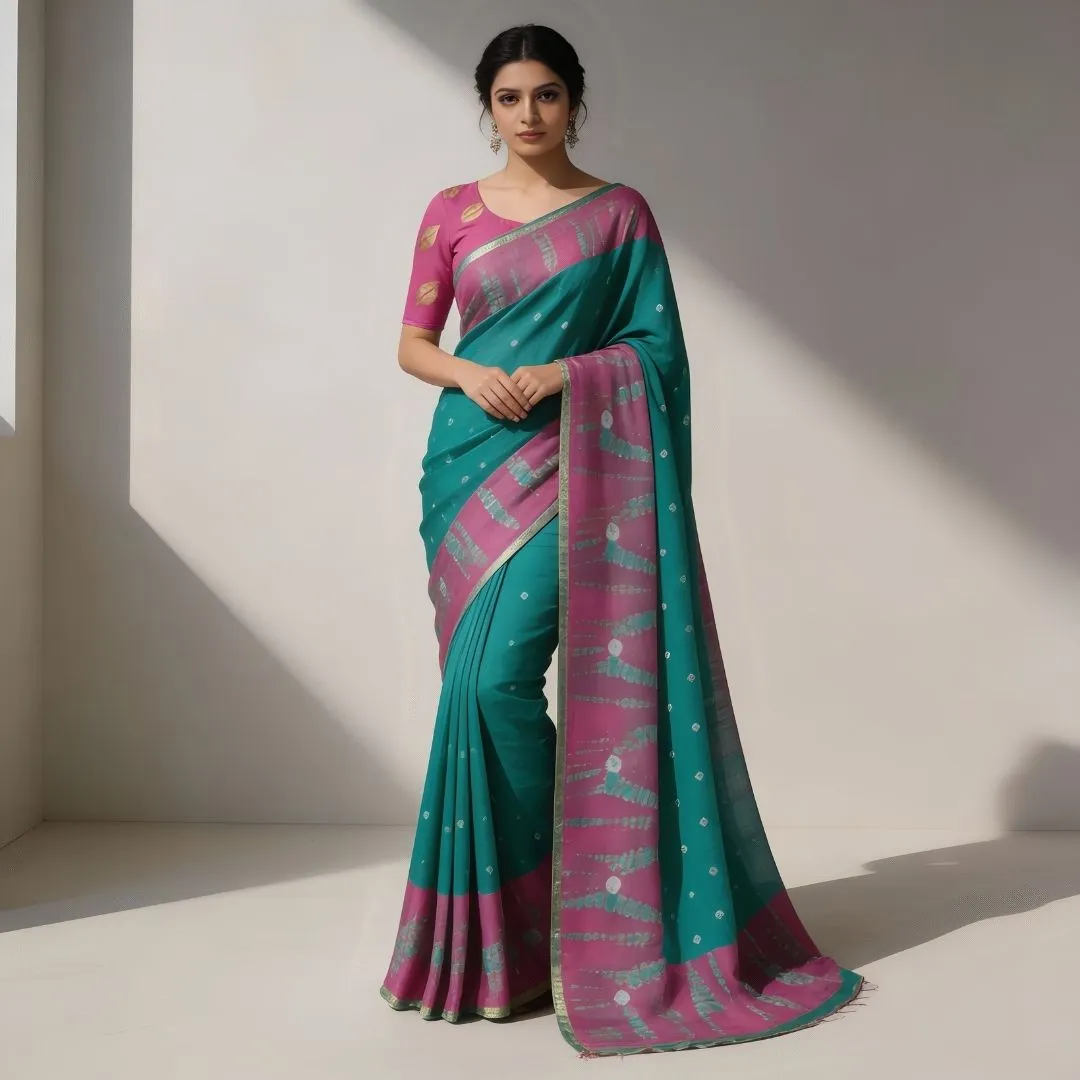 Sifon Bandhej Saree with Matching Blouse and Traditional Tie-Dye Design (Unstitched)