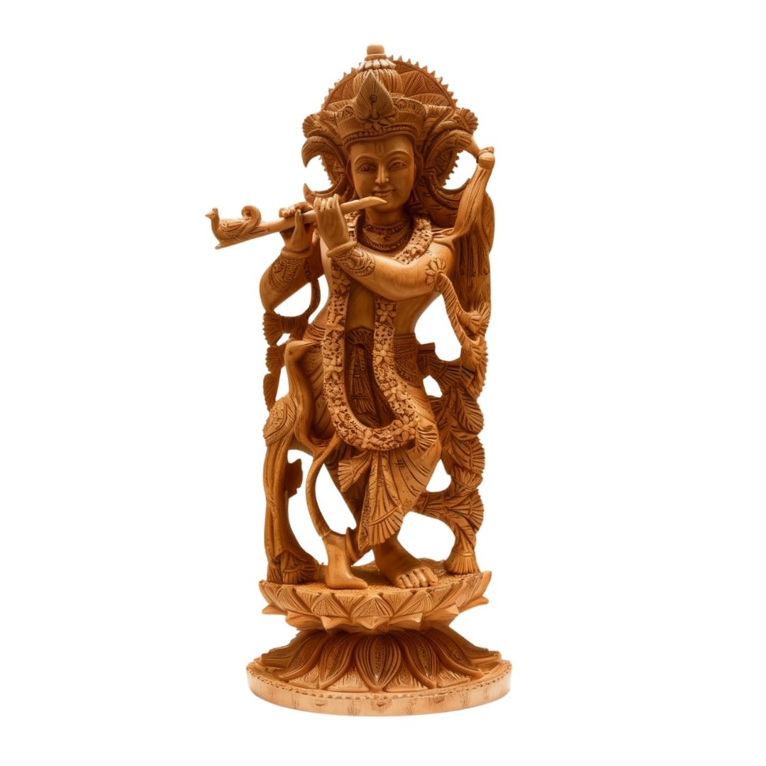 Handcrafted Wooden Lord Krishna Idol Standing with Flute in Nature-Inspired Carving