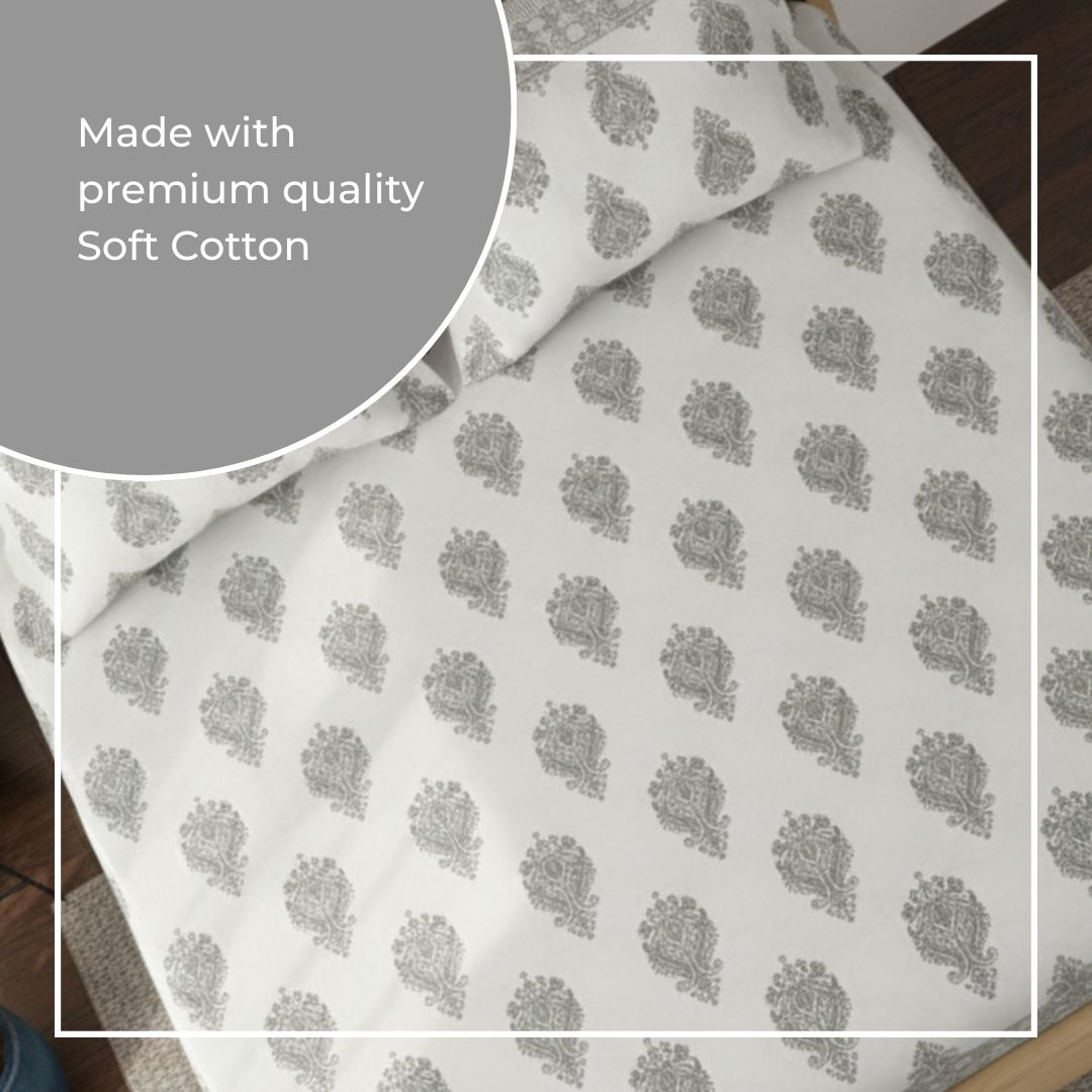 Single-Sided Block Printed Double Bedsheet in Grey Motif