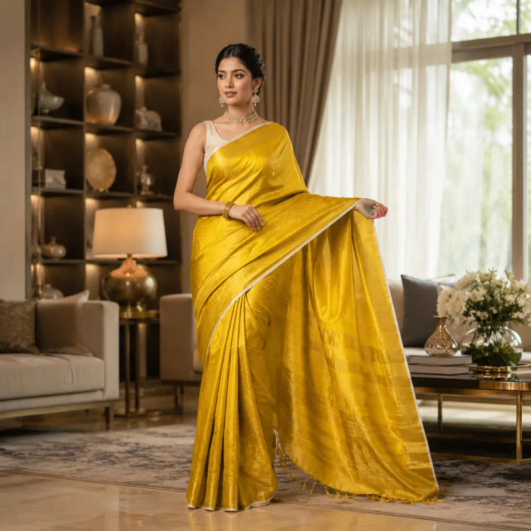 Handcrafted Golden Yellow Bapta Tussar Silk Mangalgiri Saree with Gold Detailing & Blouse Piece 