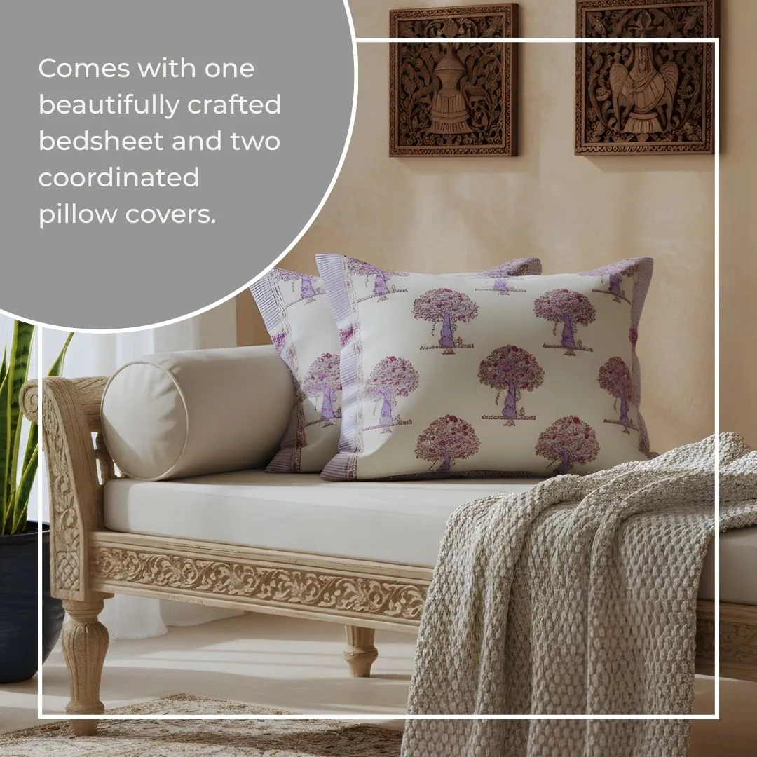 Single-Sided Block Printed Double Bedsheet in Soft Pink Floral Motif