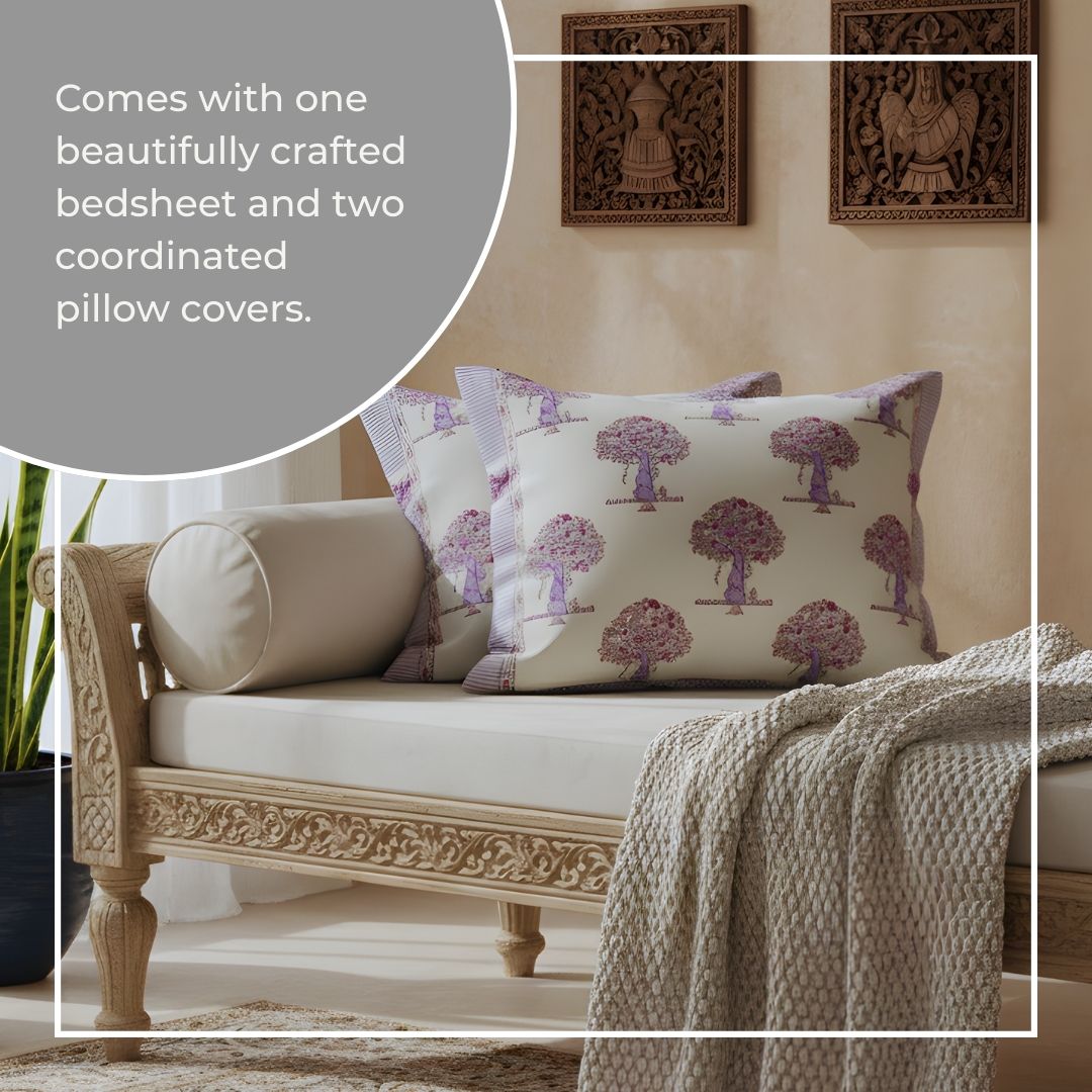 Single-Sided Block Printed Double Bedsheet in Soft Pink Floral Motif