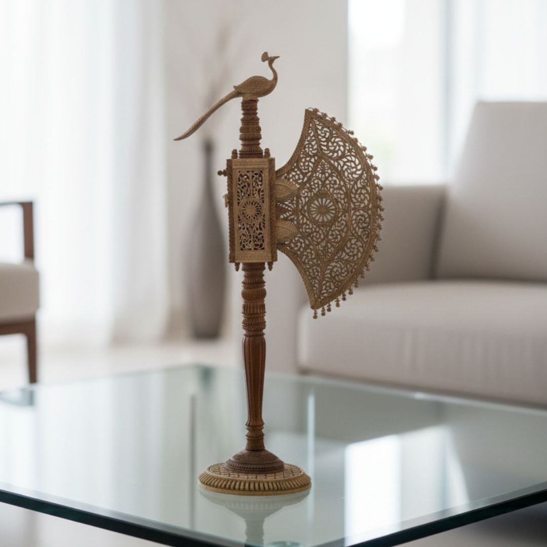 Pure Sandalwood Lace-Carved Heritage Pankha with Peacock Handle 