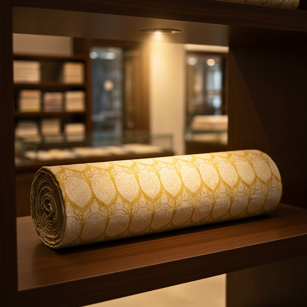 Single-Sided Block Printed Mal Cotton Fabric in Yellow Floral Pattern