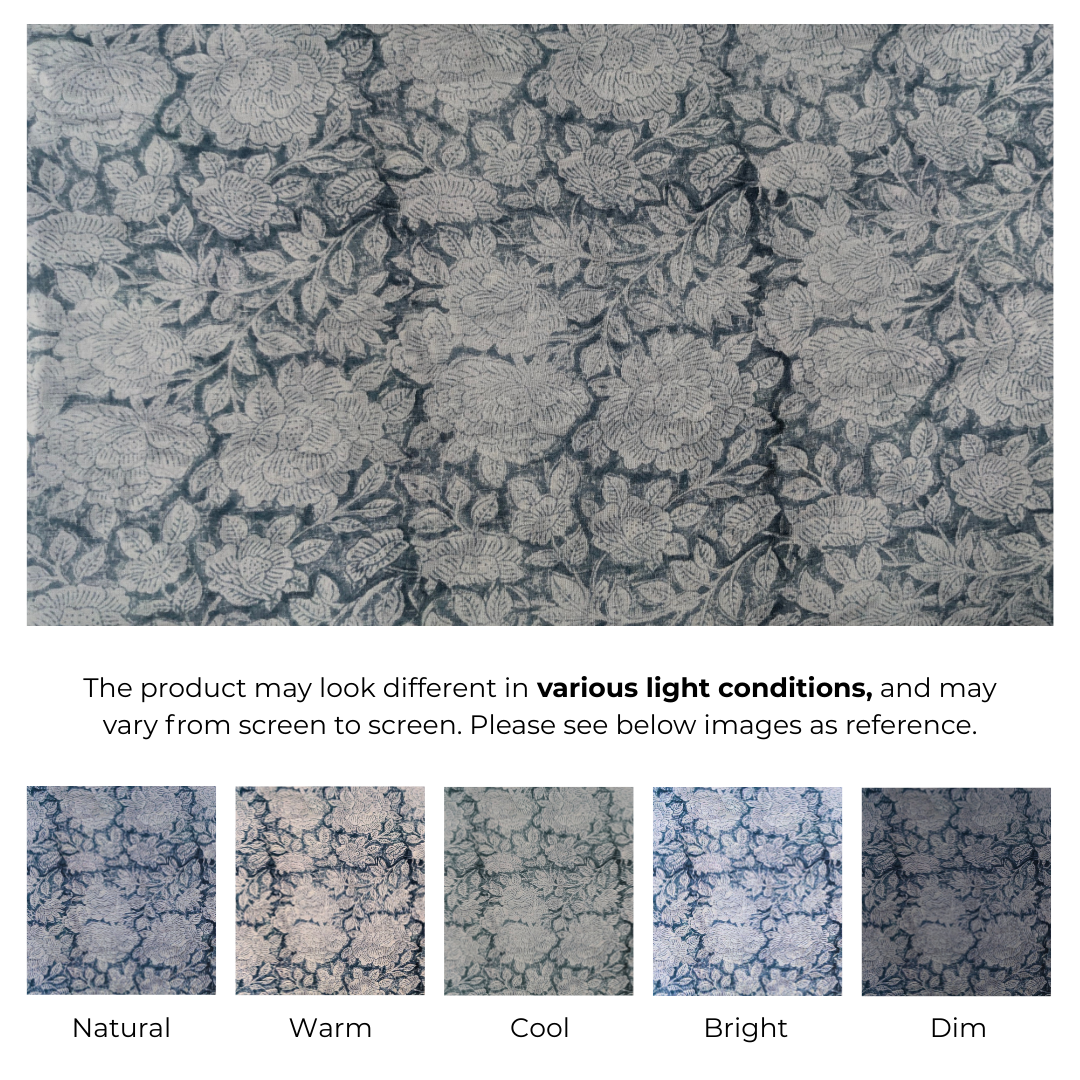 Single-Sided Block Printed Mal Cotton Fabric in Blue Floral Motif