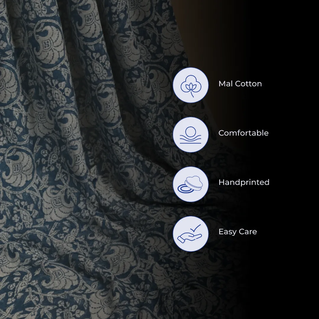 Single-Sided Hand Block Printed Mal Cotton Fabric – Blue Floral | Sold Per Meter