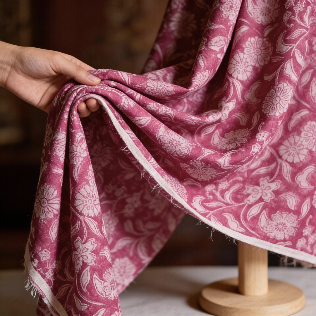 Single-Sided Block Printed Mal Cotton Fabric in Pink Floral Pattern