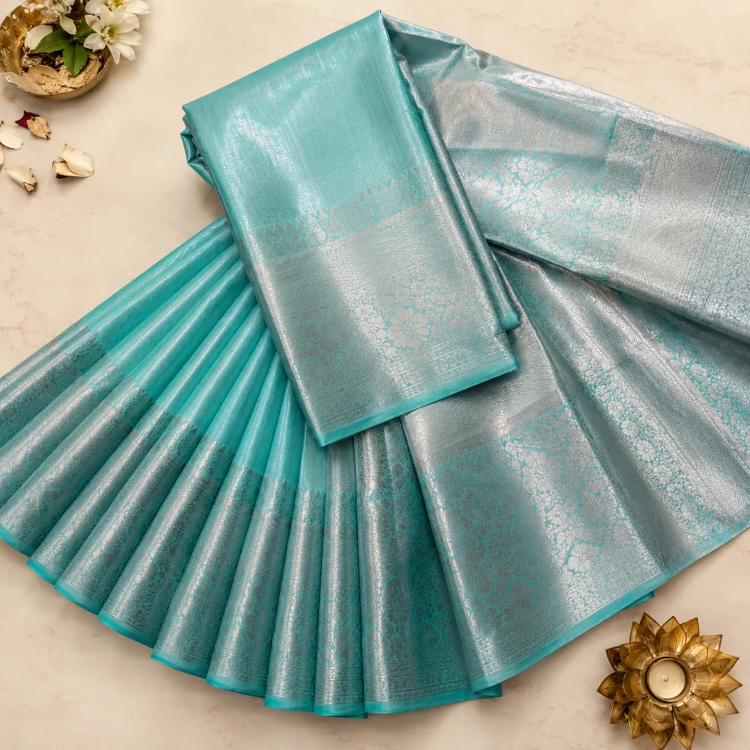 Handcrafted Sea Green Banarasi Kota Tissue Saree