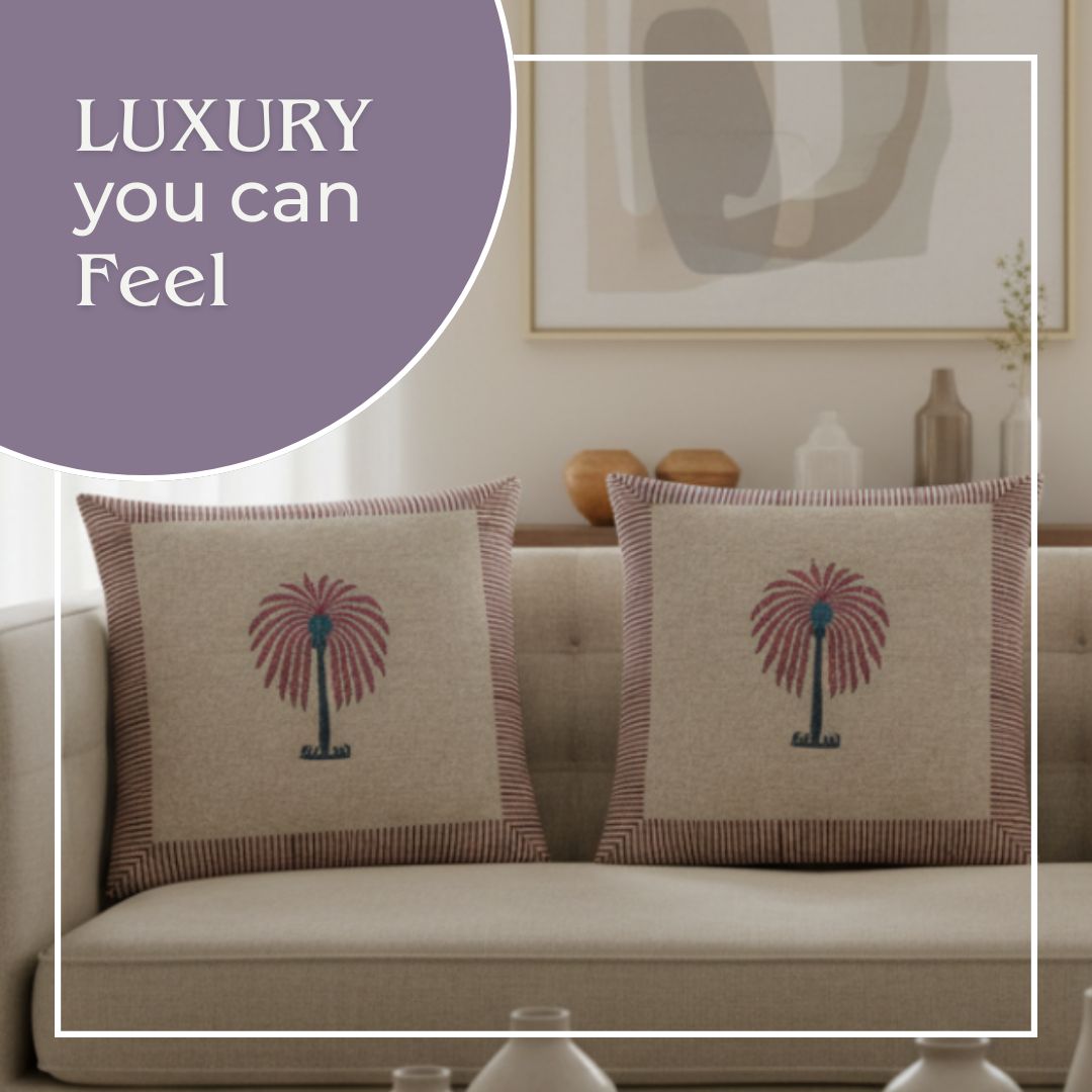 Block Printed Cotton Cushion Covers with Instrument Motif (Set of 2)