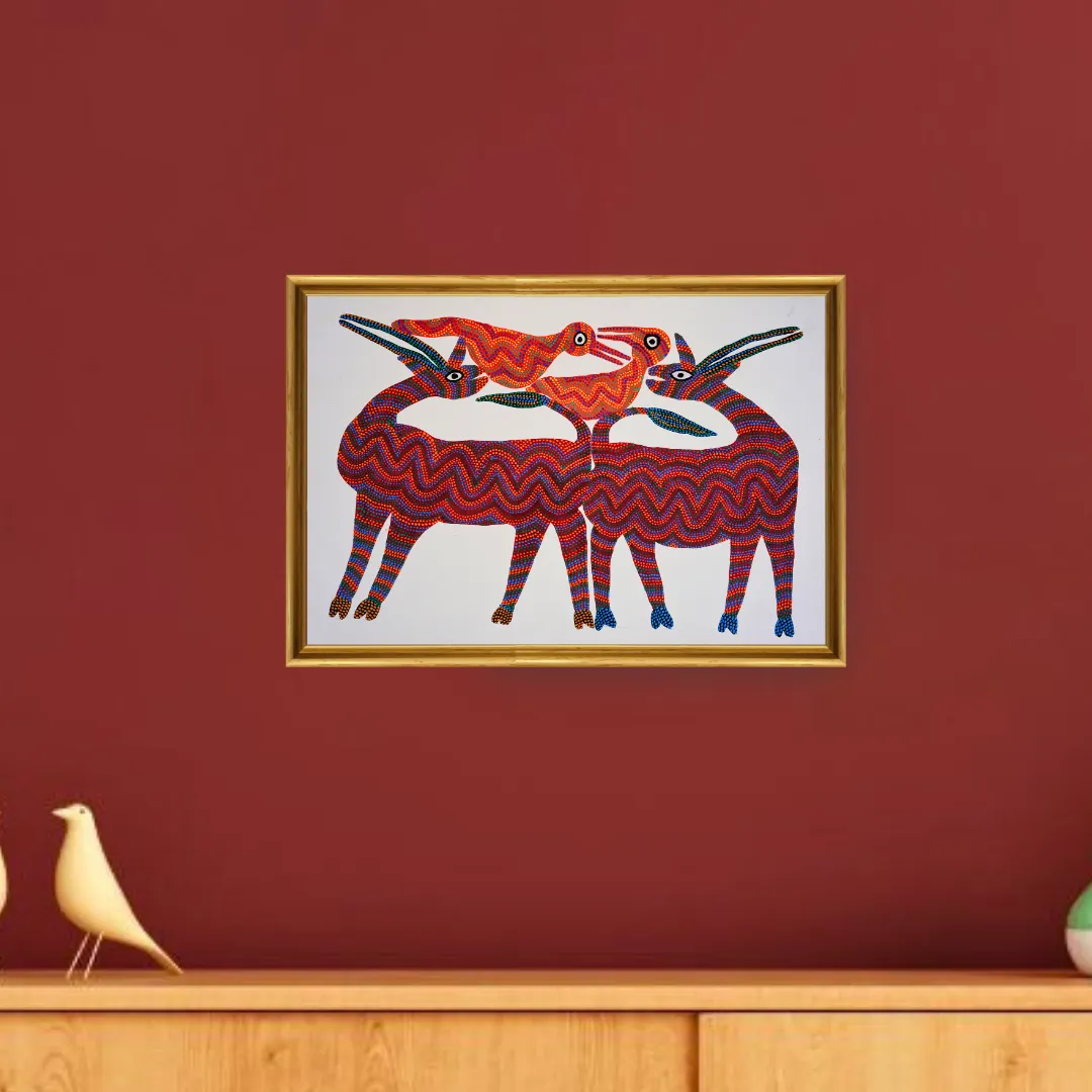 Two Swamp Deer and Birds