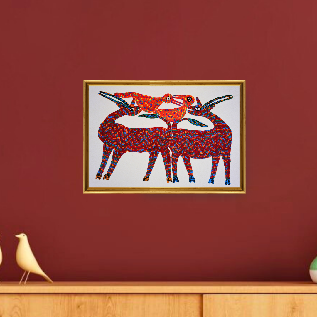Two Swamp Deer and Birds