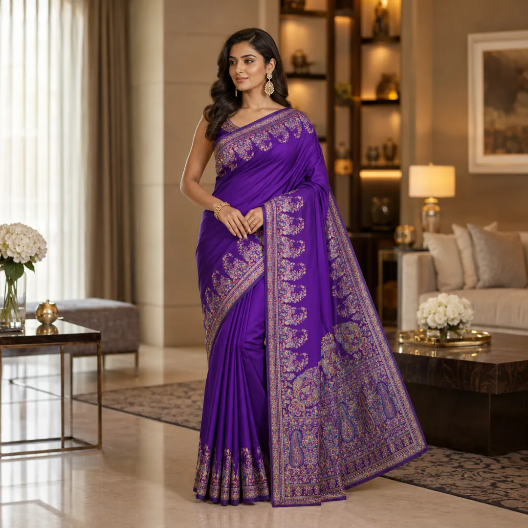 Festive Kashmiri Handwoven Royal Purple Pashmina Silk Saree with Blouse Piece