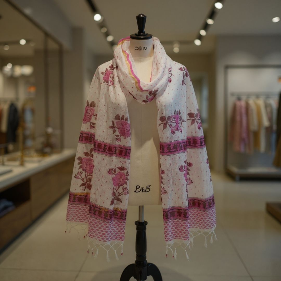 Hand Block Printed Kota Doriya Dupatta in Pink Floral Pattern