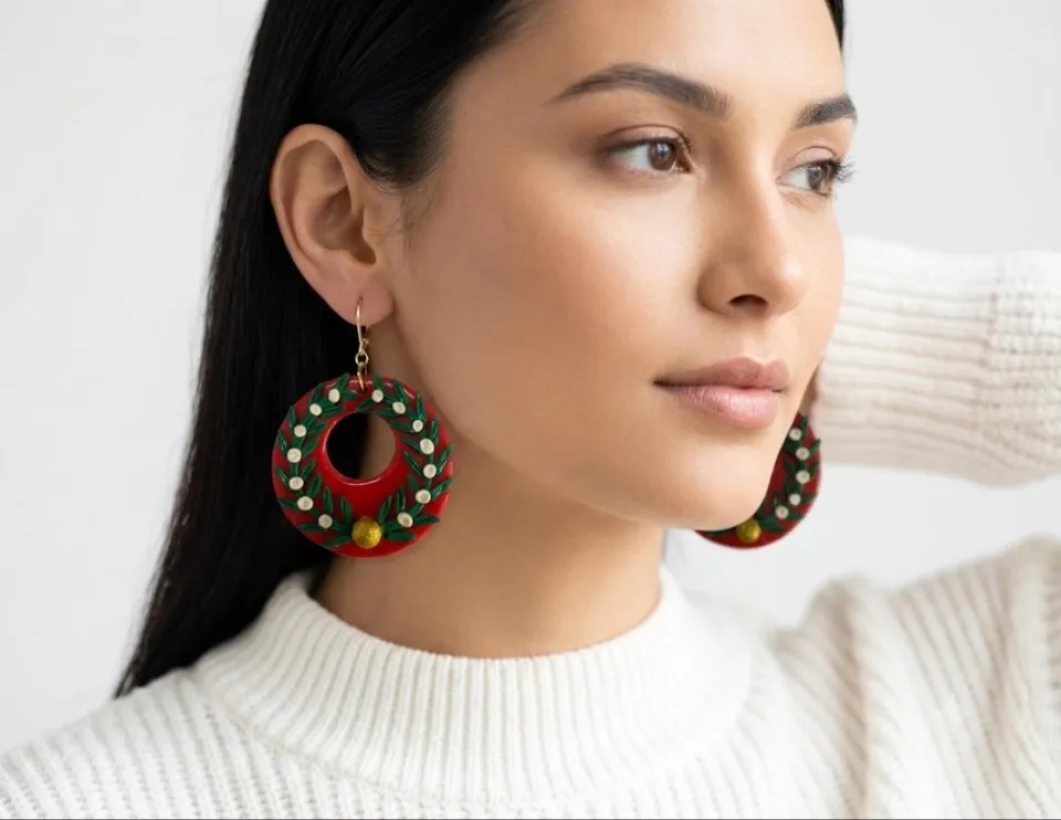 Holiday Edition Red & Green Wreath Clay Drop Earrings