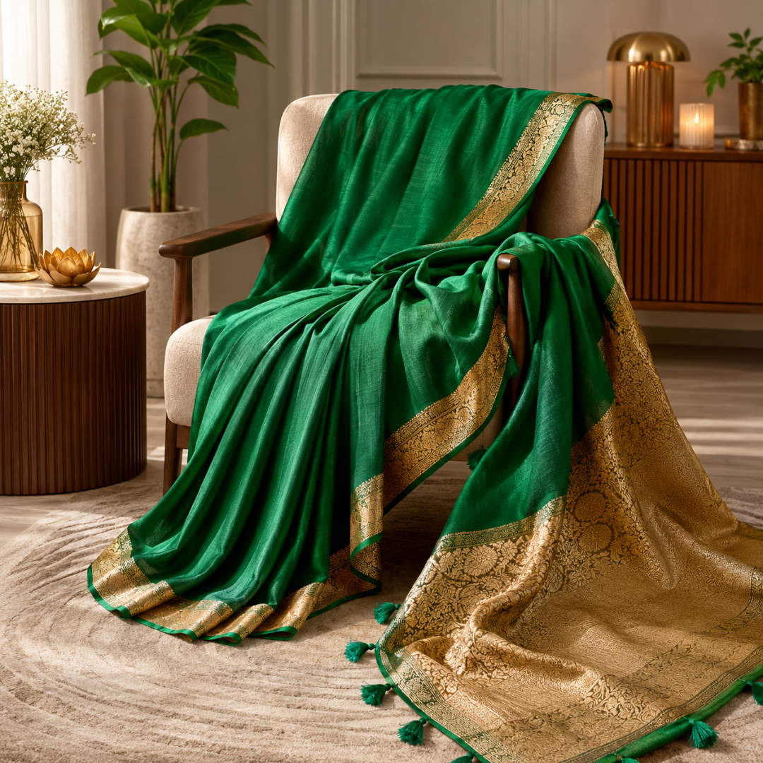 Handcrafted Dark Green Maslin Organza Saree with Golden Zari Border & Matching Blouse Piece – Free Size Elegance