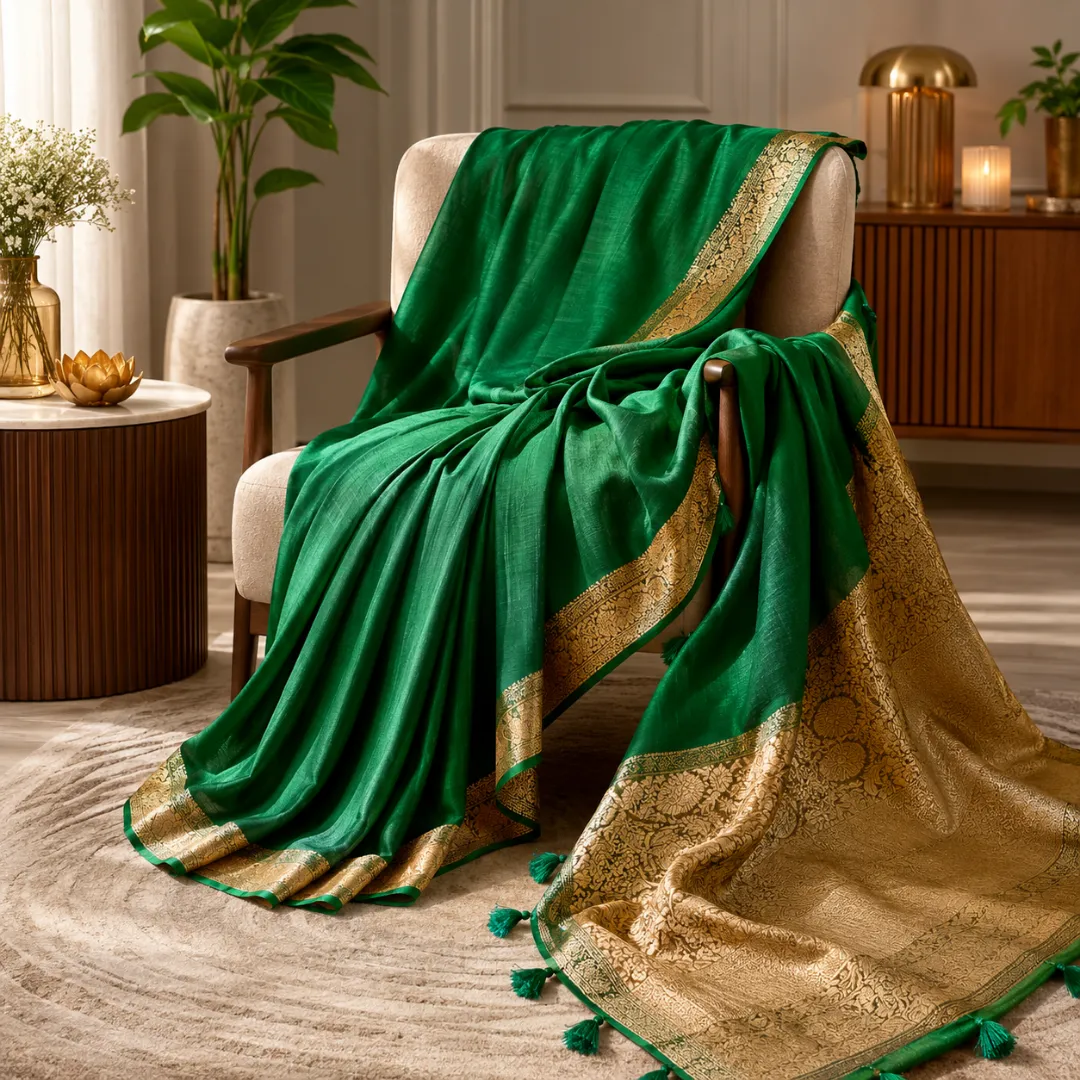 Handcrafted Dark Green Maslin Organza Saree with Golden Zari Border & Matching Blouse Piece – Free Size Elegance