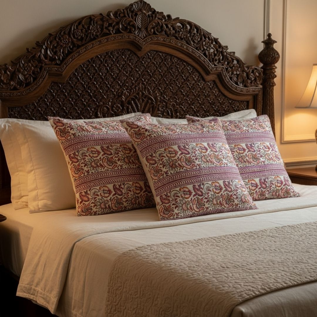 Block Printed South Cotton Cushion Cover with Traditional Multicolour Motifs