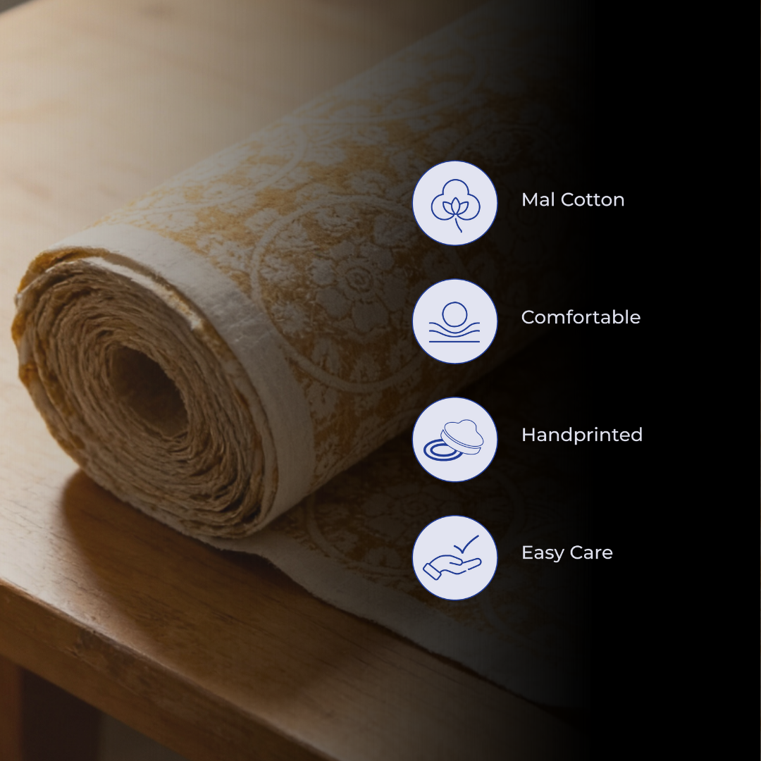 Single-Sided Block Printed Mal Cotton Fabric in Mustard Floral Pattern