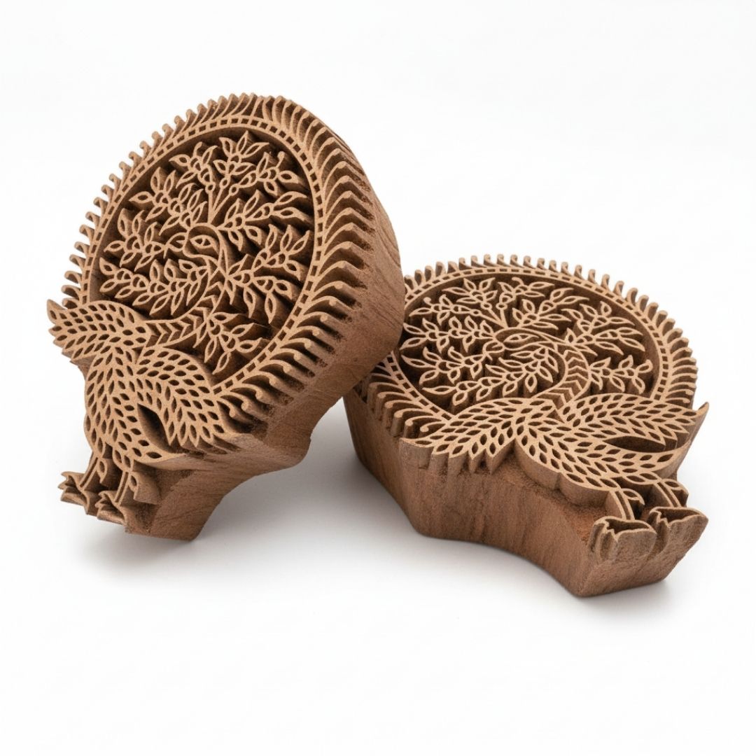 Handcrafted Gurjan Wood Block with Tree of Life Motif for Textile Printing