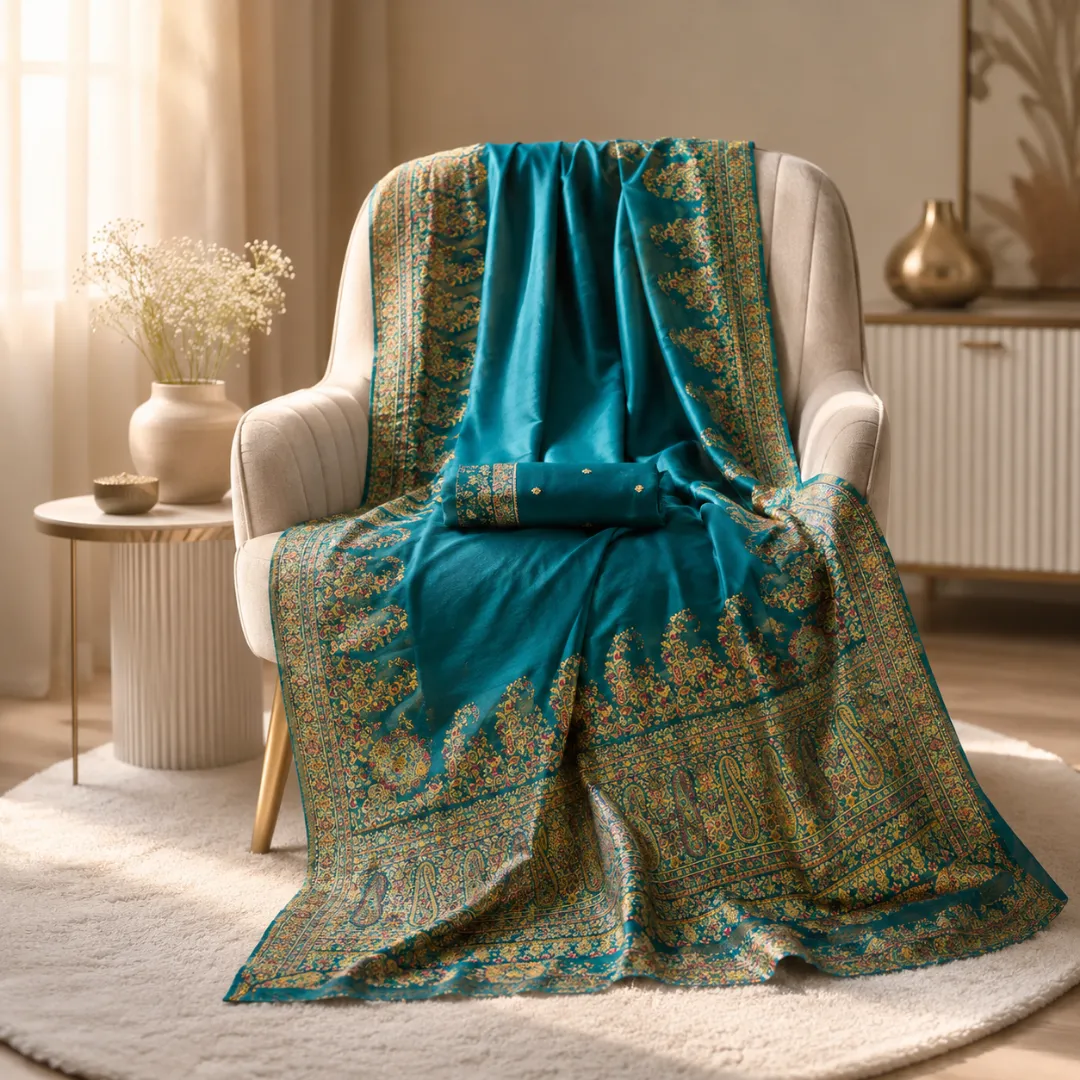 Festive Kashmiri Handwoven Peacock Blue Pashmina Silk Saree with Blouse Piece
