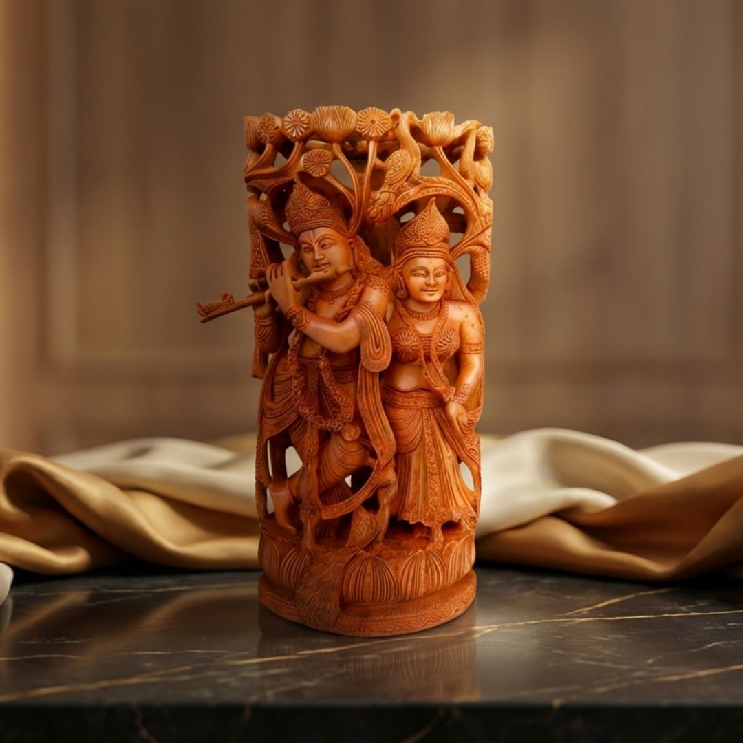 Radha Krishna Jugal Murti in Sandalwood with Intricate Tree Carving