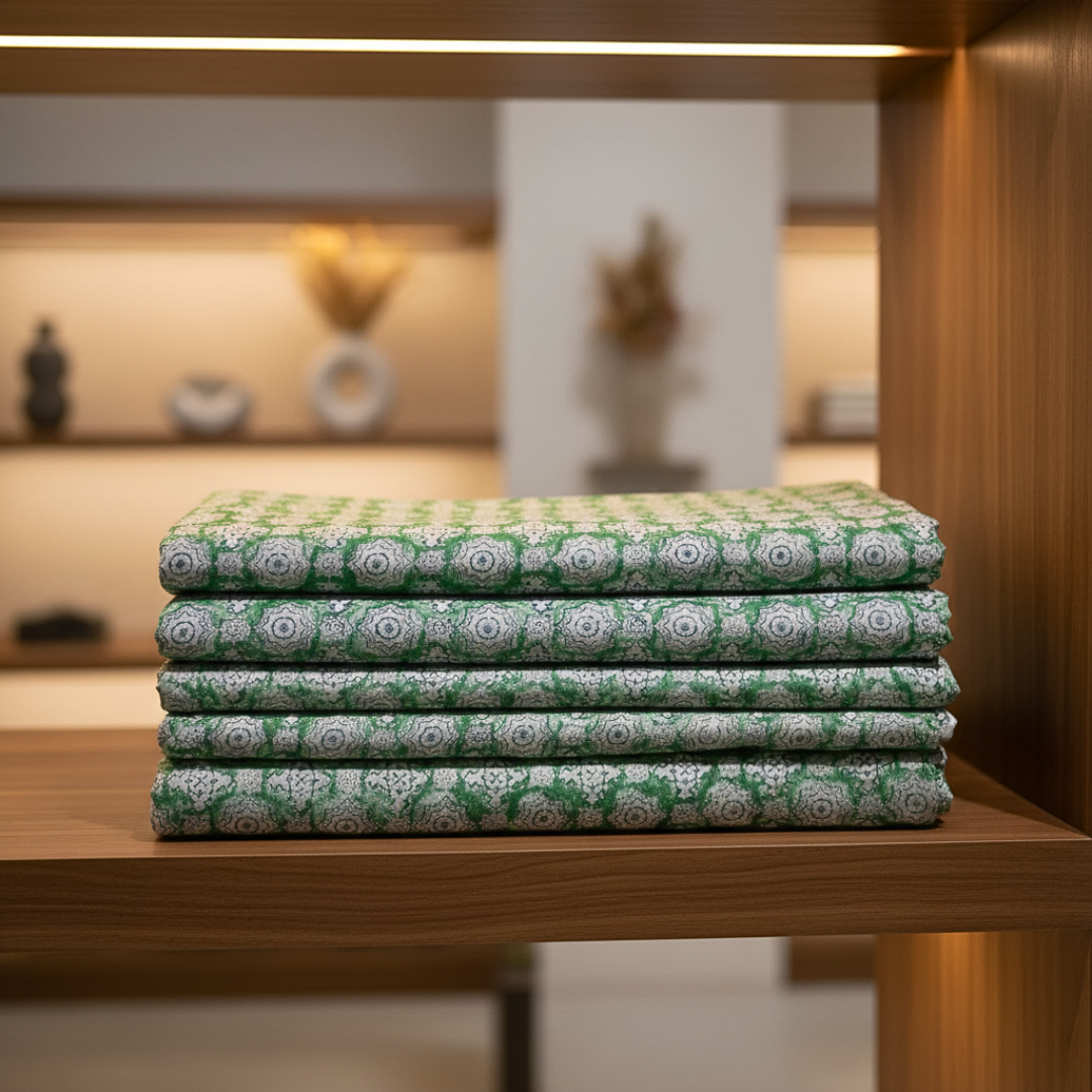 Single-Sided Hand Block Printed Mal Cotton Fabric – Green Floral Motif | Sold Per Meter