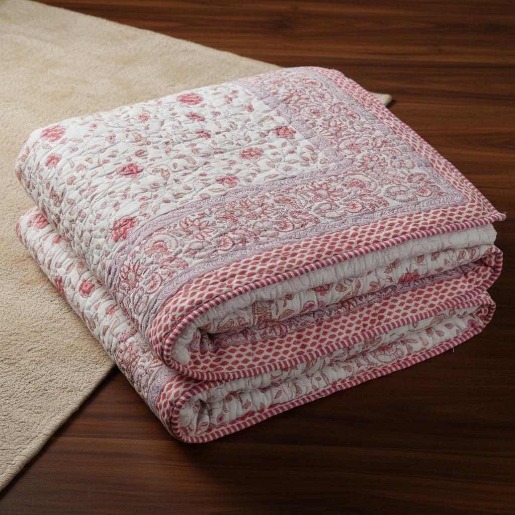 Single Double-Sided Block Printed Cotton Comforter in Pink Floral Pattern