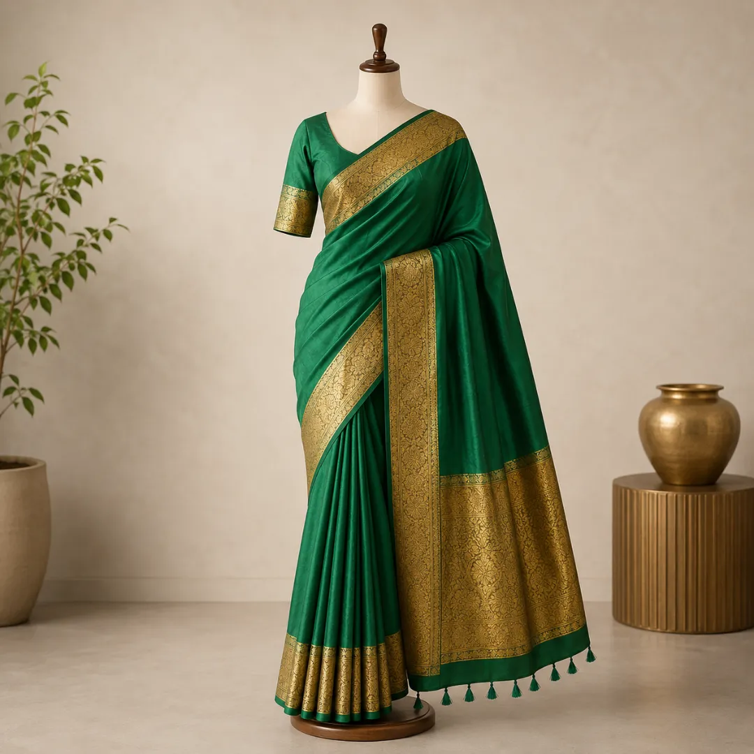Handcrafted Dark Green Maslin Organza Saree with Golden Zari Border & Matching Blouse Piece – Free Size Elegance