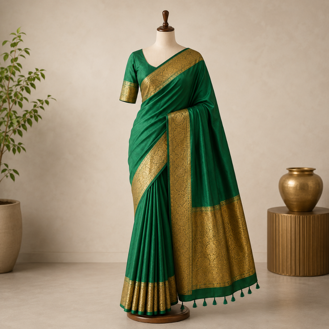 Handcrafted Dark Green Maslin Organza Saree with Golden Zari Border & Matching Blouse Piece – Free Size Elegance