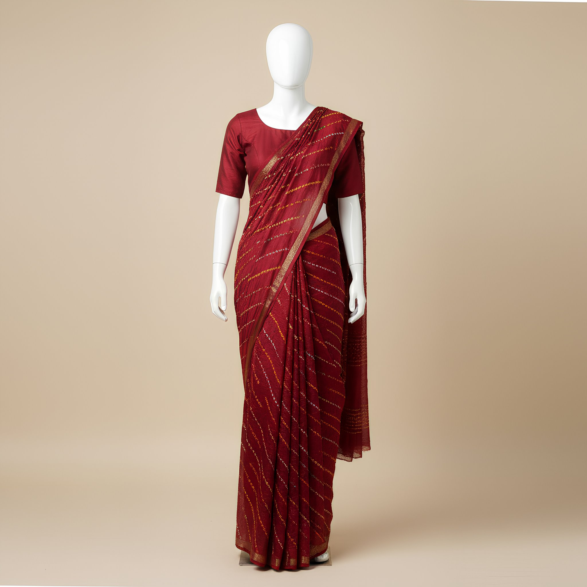 Rich Jhankar Bandhej Tie & Dye Semi Silk Saree in Deep Maroon Tones with Coordinated Blouse (Unstitched)