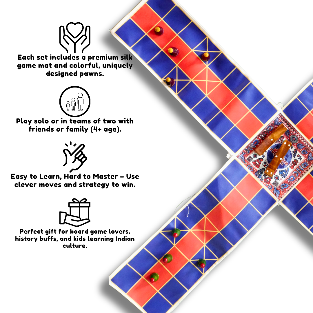 Pagade Board Game – Traditional Indian Pachisi (Parcheesi) Set in Blue & Red | Handmade Wooden Pieces | Includes How-to-Play Guide