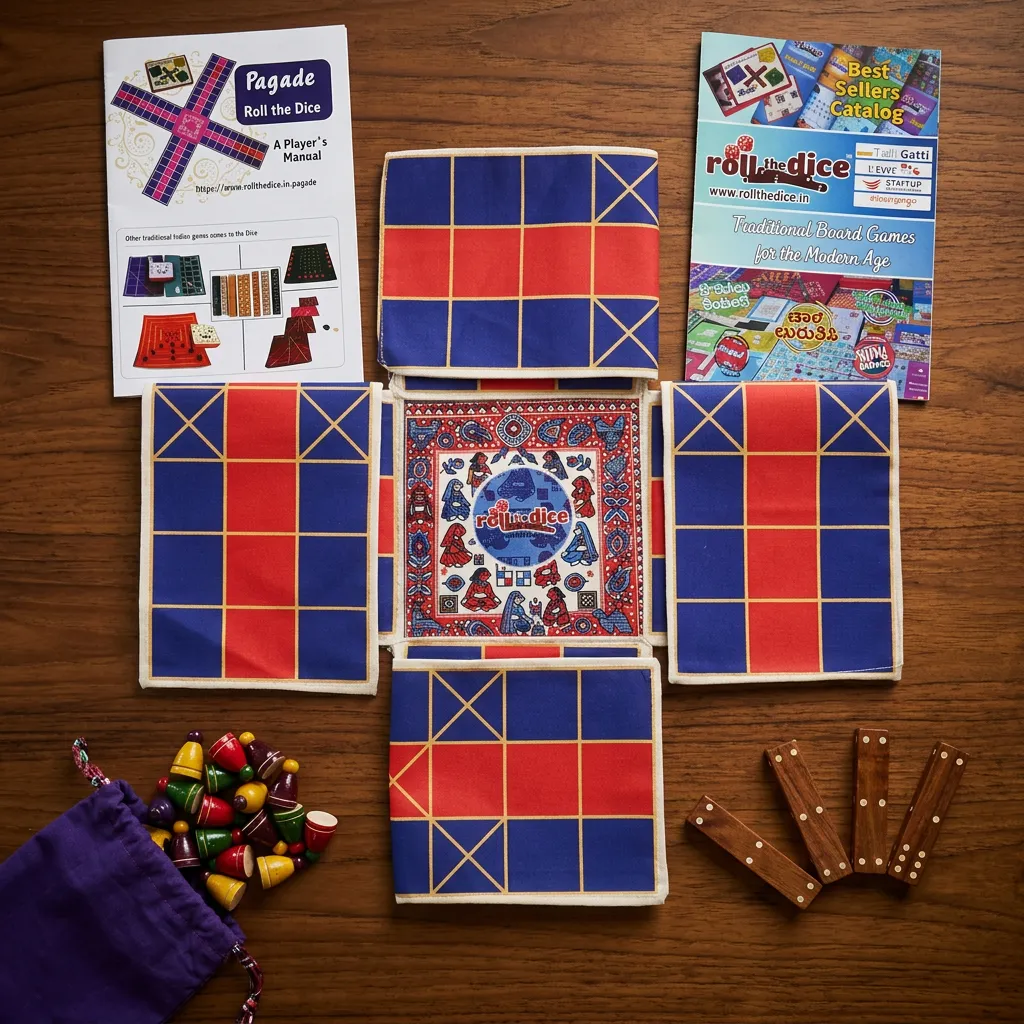 Pagade Board Game – Traditional Indian Pachisi (Parcheesi) Set in Blue & Red | Handmade Wooden Pieces | Includes How-to-Play Guide
