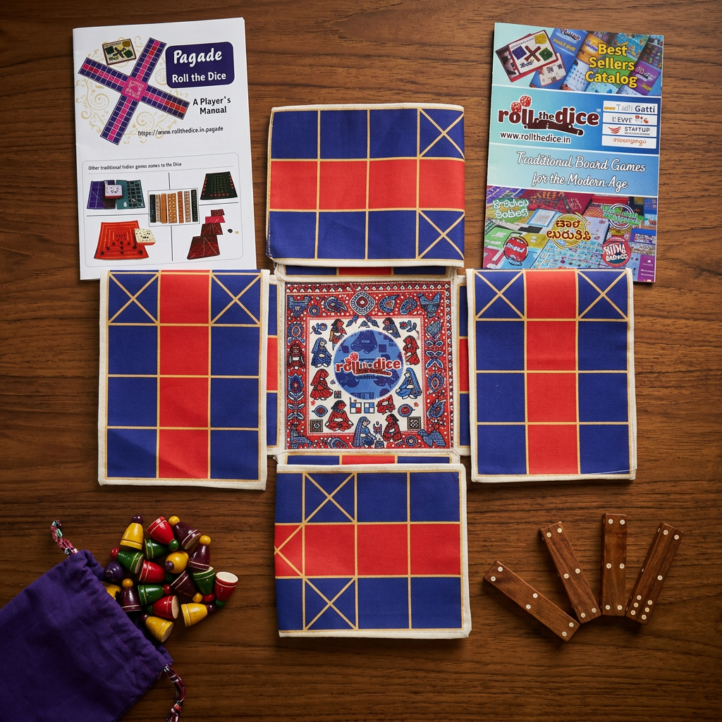 Pagade Board Game – Traditional Indian Pachisi (Parcheesi) Set in Blue & Red | Handmade Wooden Pieces | Includes How-to-Play Guide