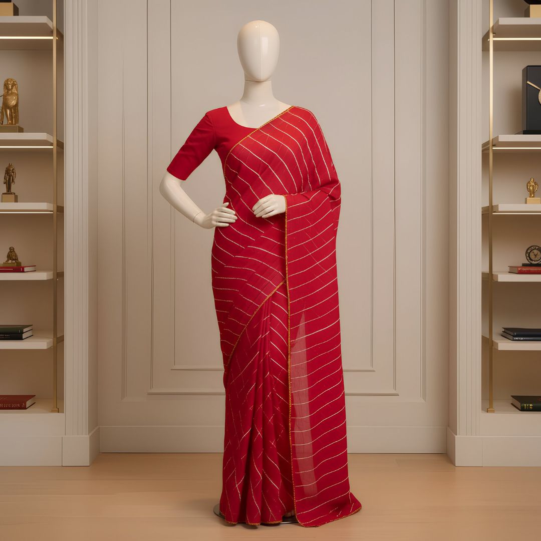 Traditional Lahariya Tie and Dye Chiffon Saree with Matching Blouse in Rich Red Tones 