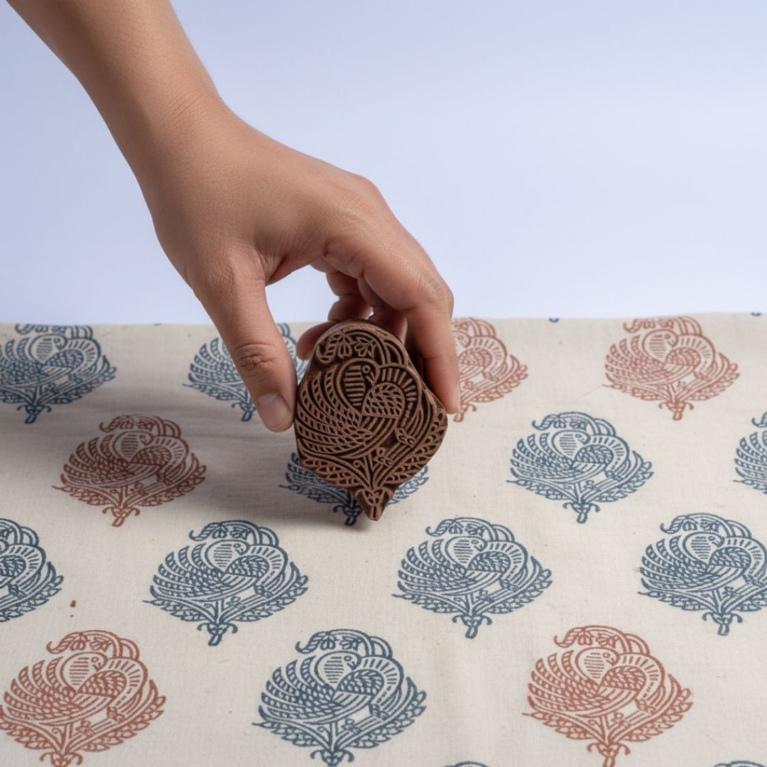 Hand-Carved Gurjan Wood Printing Block with Peacock Motif
