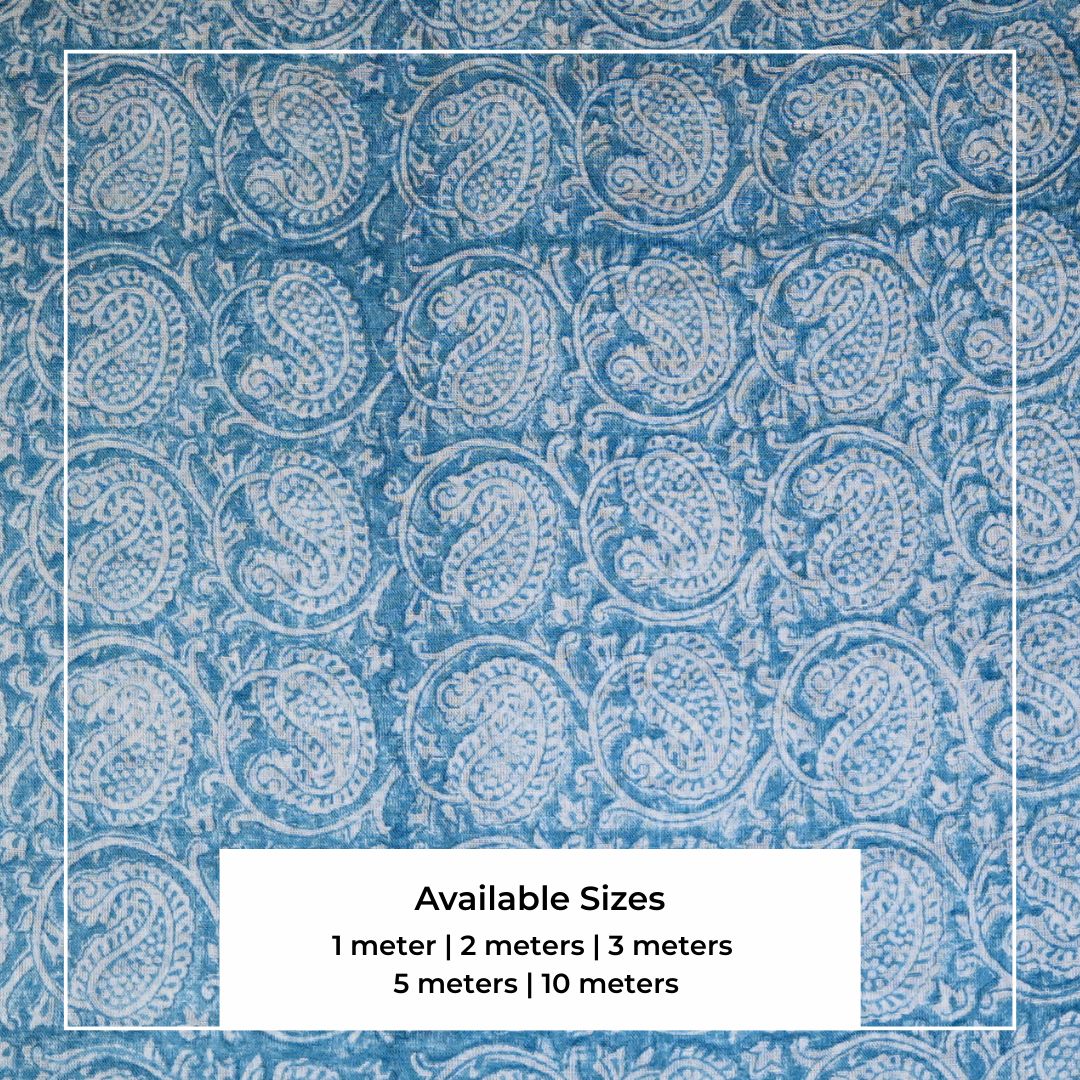Single-Sided Block Printed Cotton Fabric in Blue Check Pattern