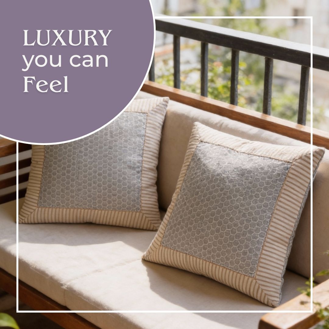 Block Printed Cotton Cushion Covers with Minimal Border Design (Set of 2)