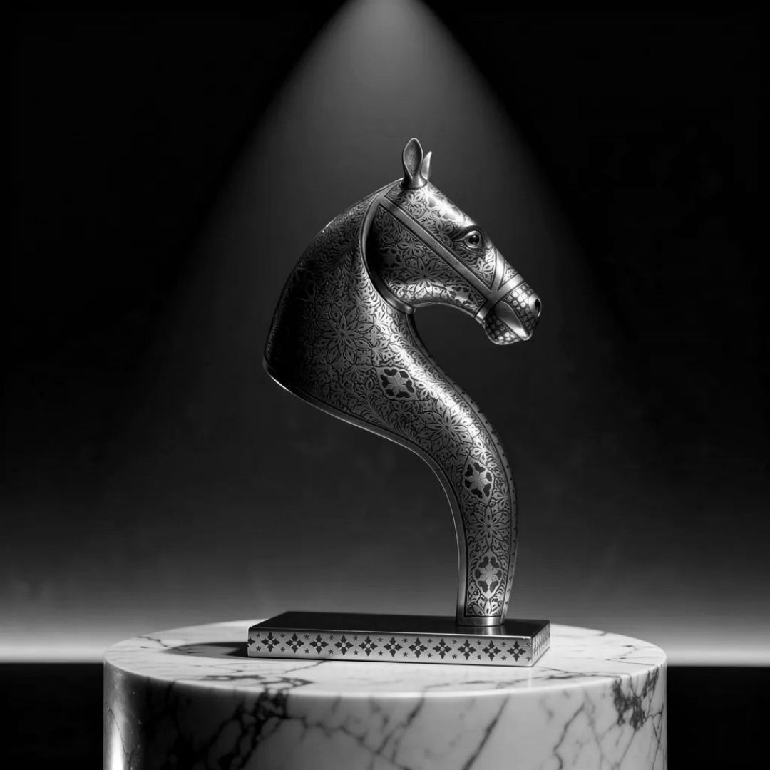 Silver Koftgari Horse Bust with Intricate Metal Inlay Art