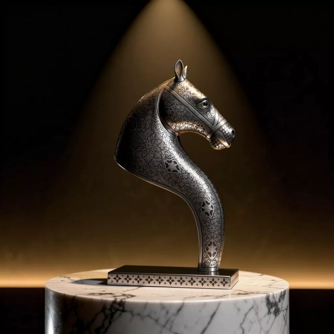 Silver Koftgari Horse Bust with Intricate Metal Inlay Art
