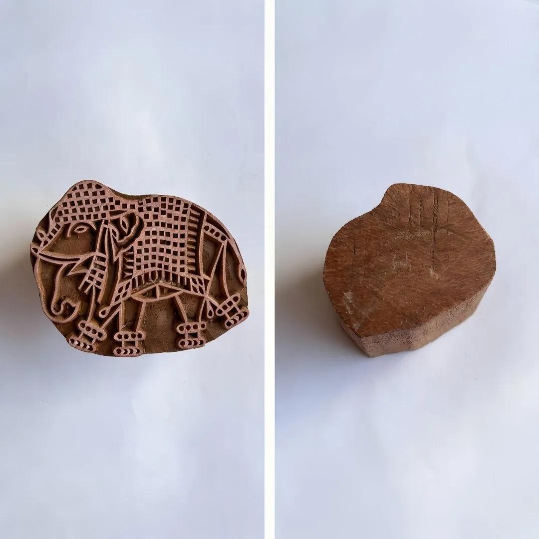 Hand-Carved Gurjan Wood Printing Block with Narrative Village Elephant Motif