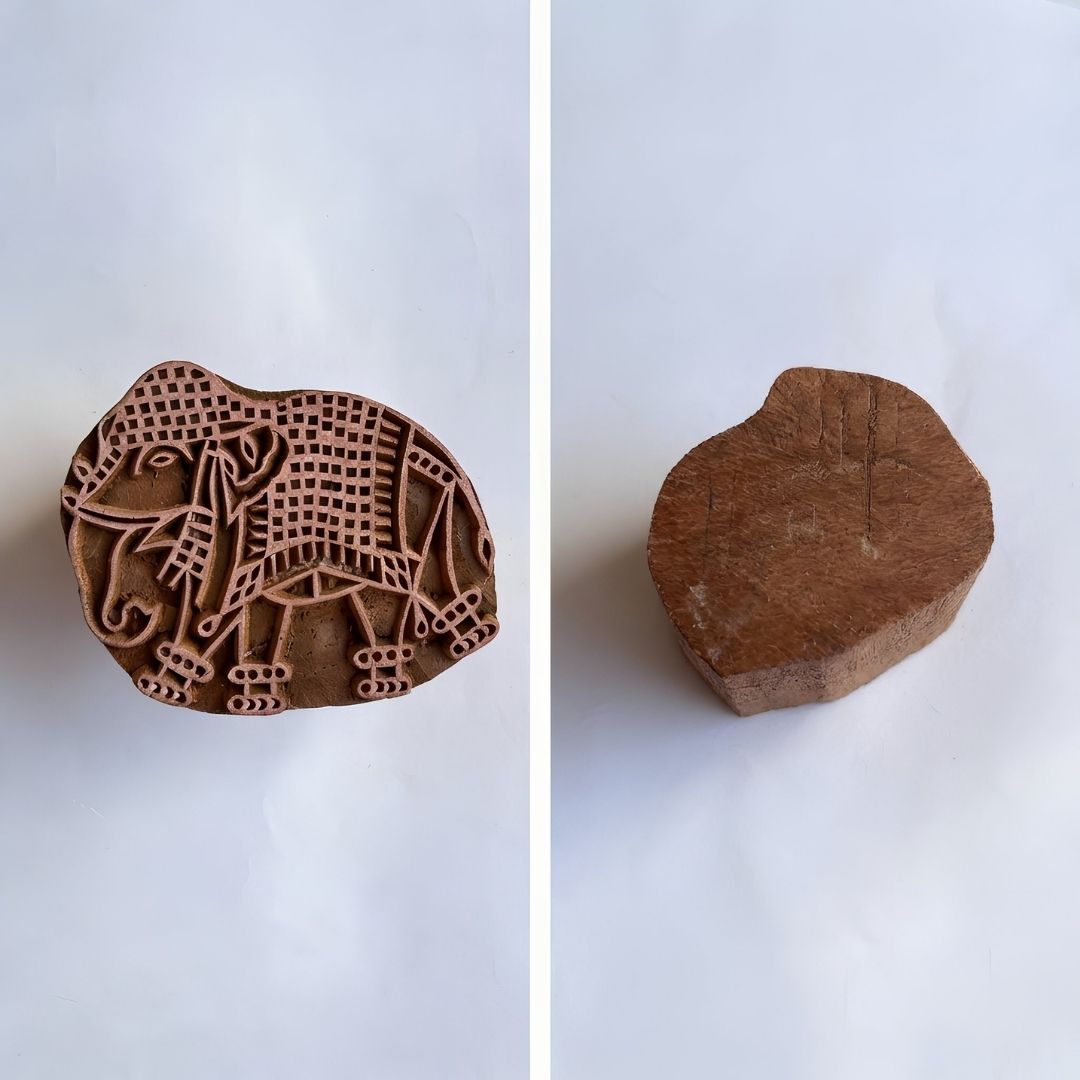 Hand-Carved Gurjan Wood Printing Block with Narrative Village Elephant Motif
