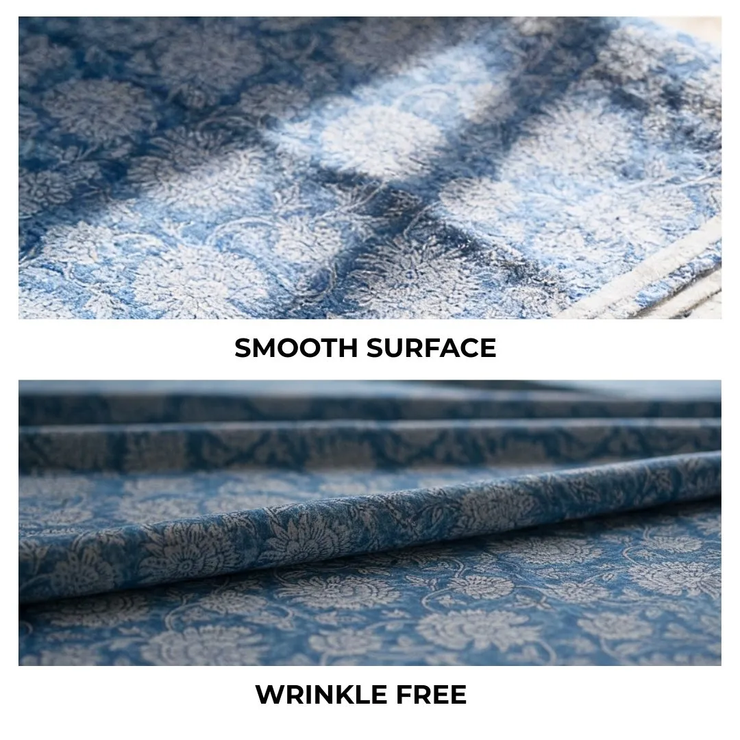 Single-Sided Hand Block Printed Mal Cotton Fabric – Blue Floral Motif | Sold Per Meter