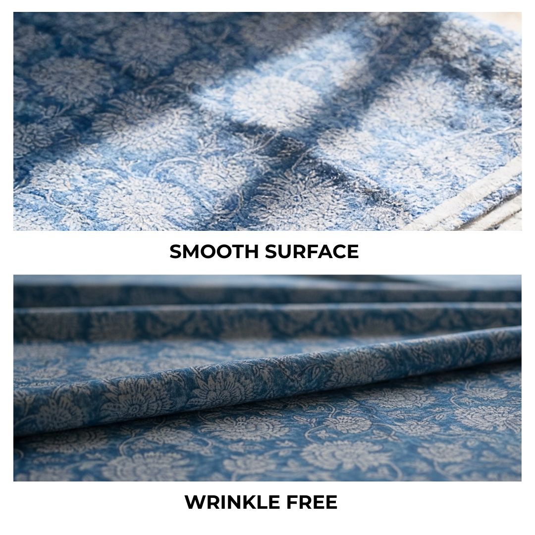 Single-Sided Block Printed Mal Cotton Fabric in Blue Floral Motif