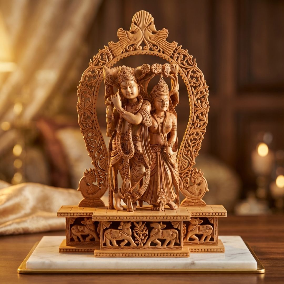 Radha Krishna Jugal Murti with Peacock Arch and Premium Base in Sandalwood