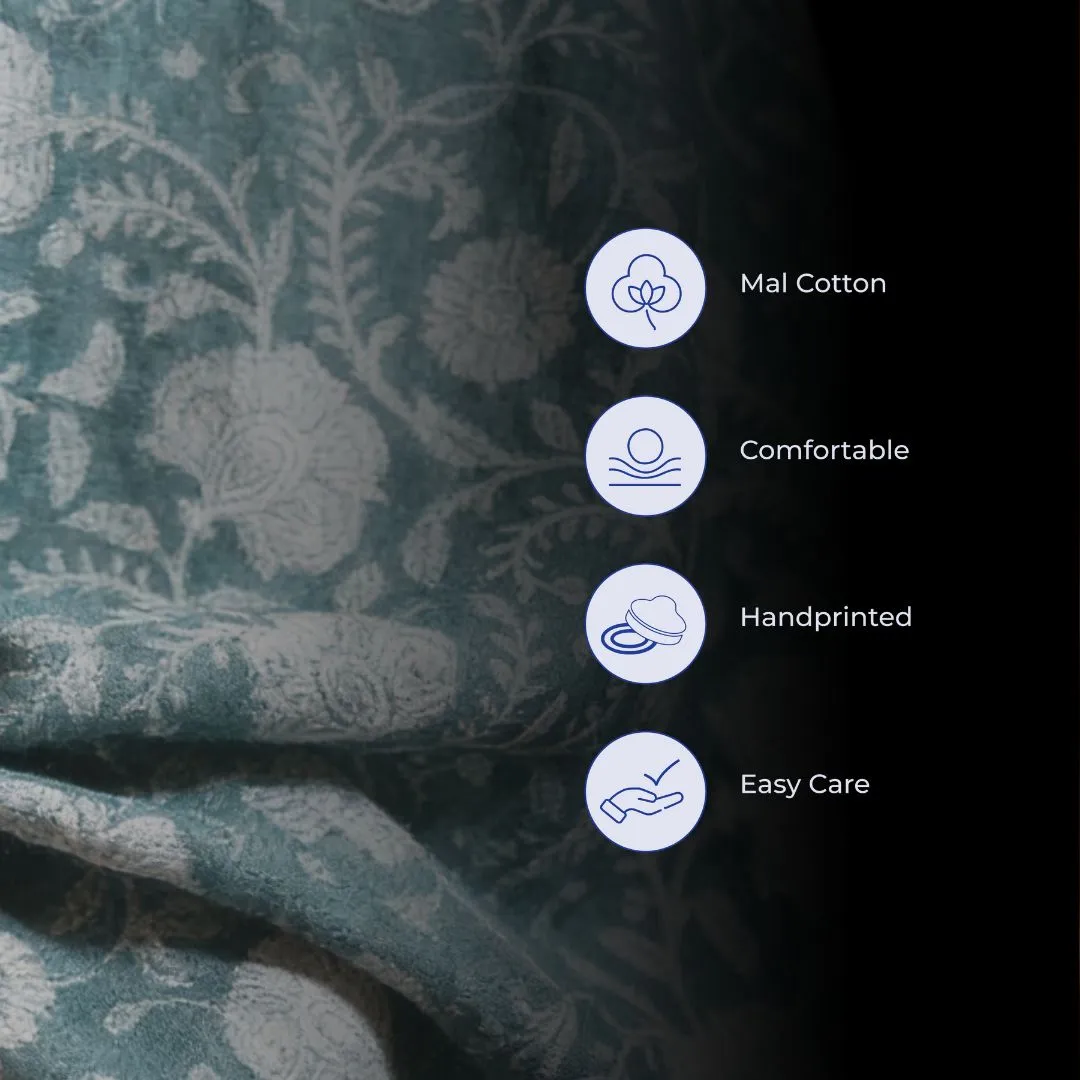 Single-Sided Hand Block Printed Mal Cotton Fabric – Teal Floral | Sold Per Meter