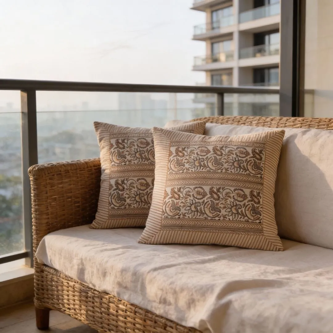 South Cotton Block Printed Cushion Covers with All-Over Pattern & Detailed Border (Set of 2)