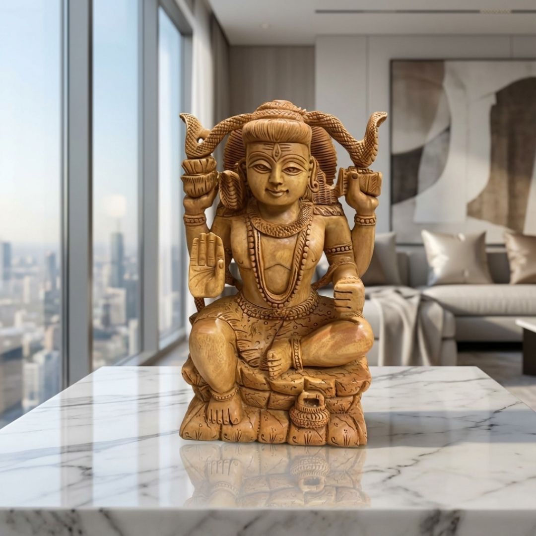 Handcrafted Lord Shiva Sculpture Sitting with Snake and Damru in Fine Wood Carving
