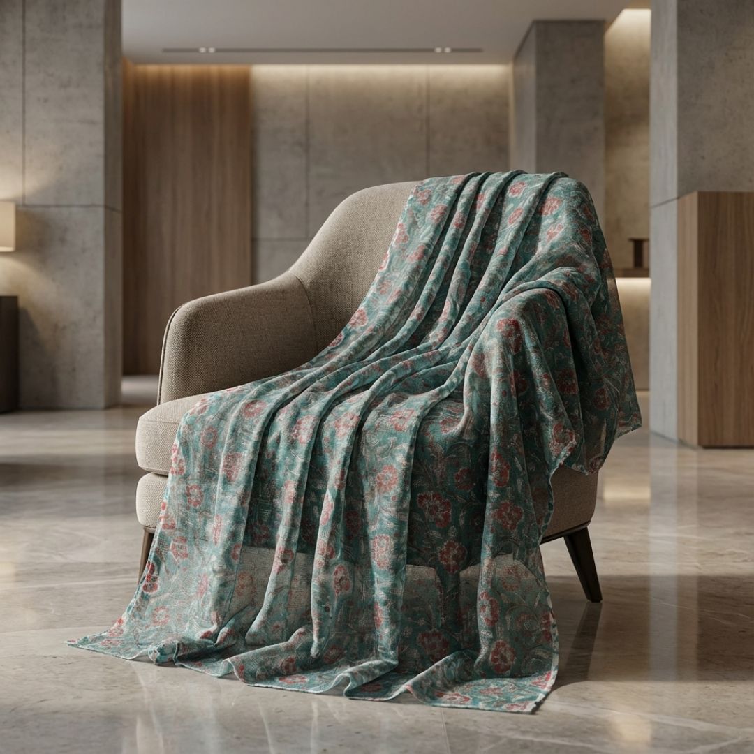 Hand Block Printed Kota Doriya Dupatta in Teal Floral Pattern