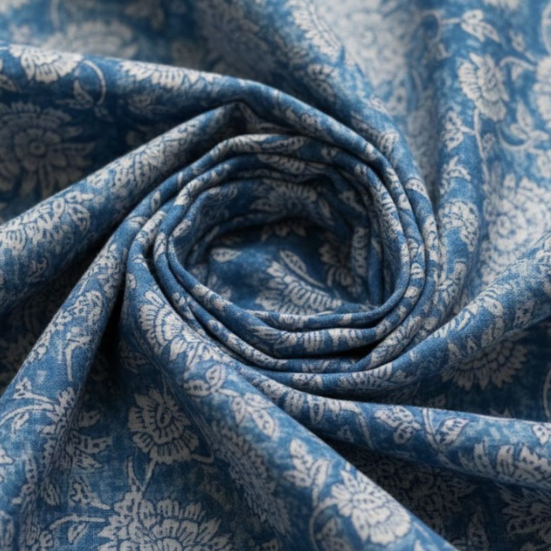 Single-Sided Block Printed Mal Cotton Fabric in Blue Floral Motif