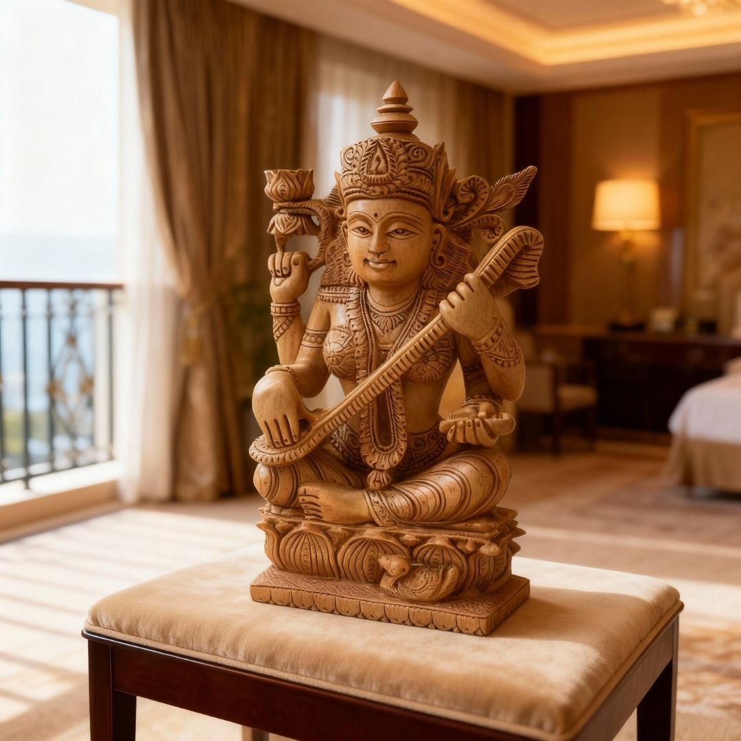 Sandalwood Saraswati Idol with Veena and Lotus Base
